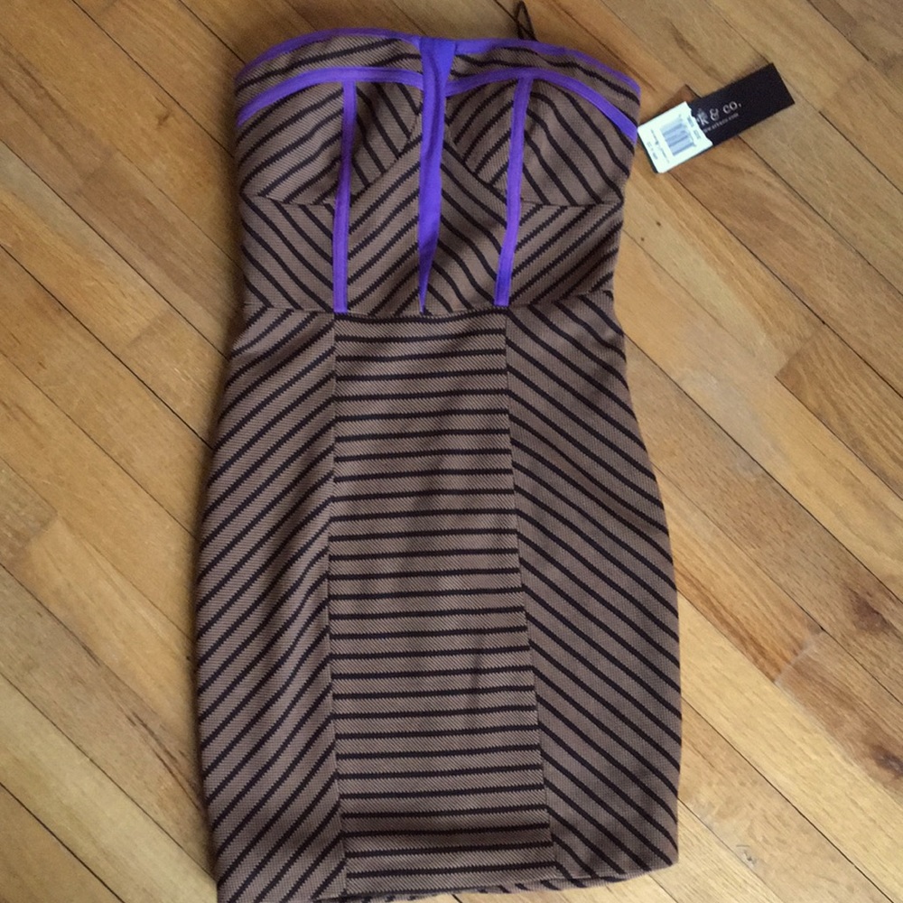 NWT Strapless cocktail dress Ark & Co Tan purple and black